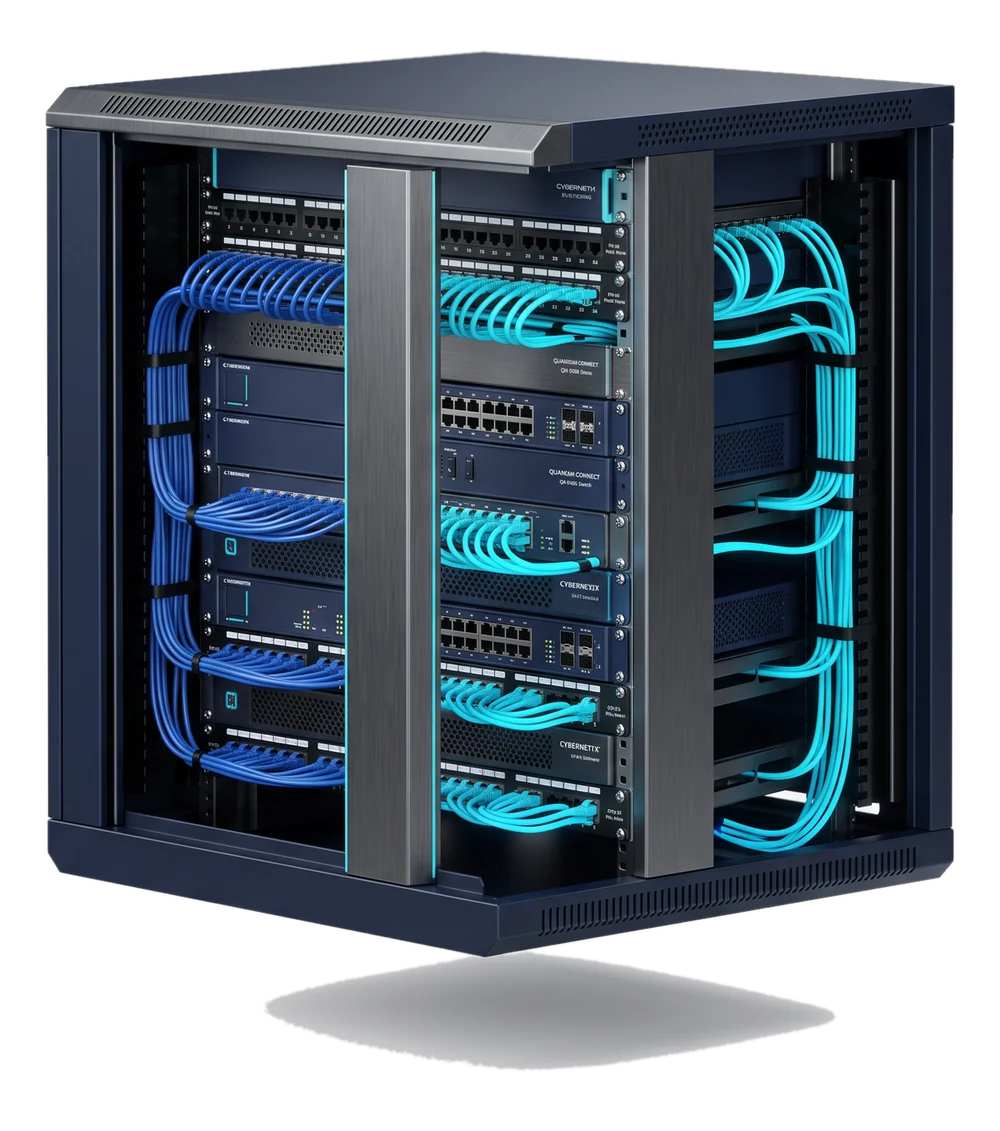Structured cabling install — navy network rack with organized blue and cyan patch cabling