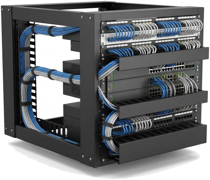 Server rack with organized Cat6 patch cabling