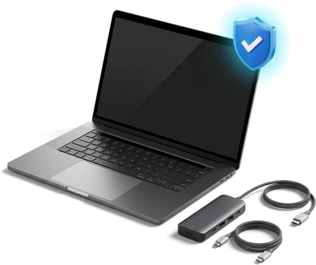 Laptop with docking station, cables and a security shield