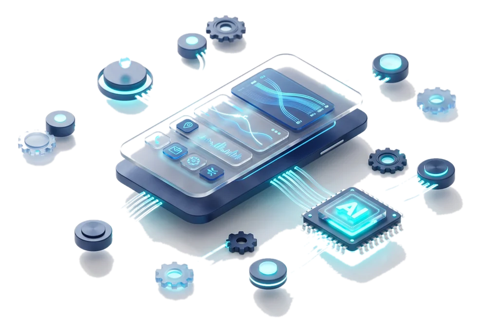 Digital innovation — app interface connected to AI, automation, and data